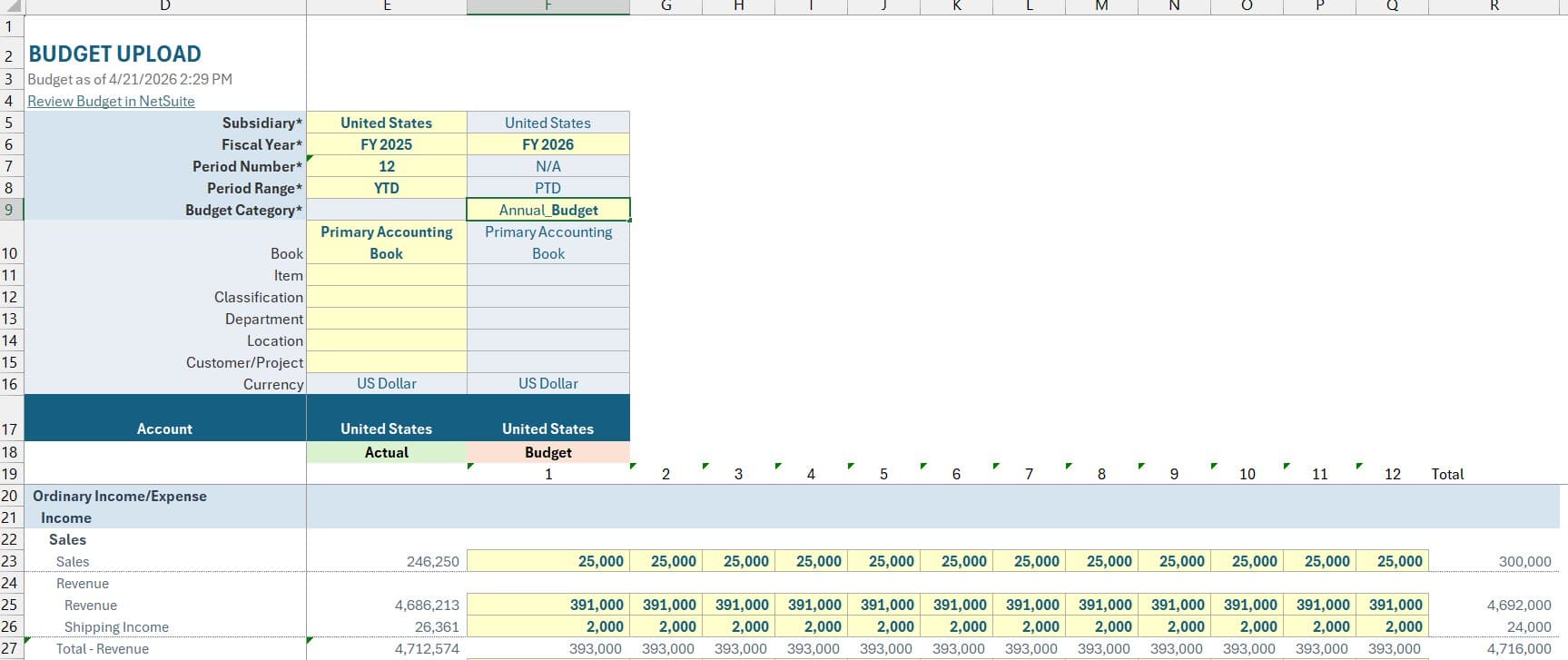 Finsyte Budget Management template with live actuals alongside budget figures for all 12 periods