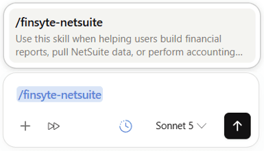 The /finsyte-netsuite skill selected in Claude, described as a skill for building financial reports, pulling NetSuite data, and performing accounting tasks