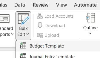 Finsyte ribbon showing the Bulk Edit menu open with Budget Template selected