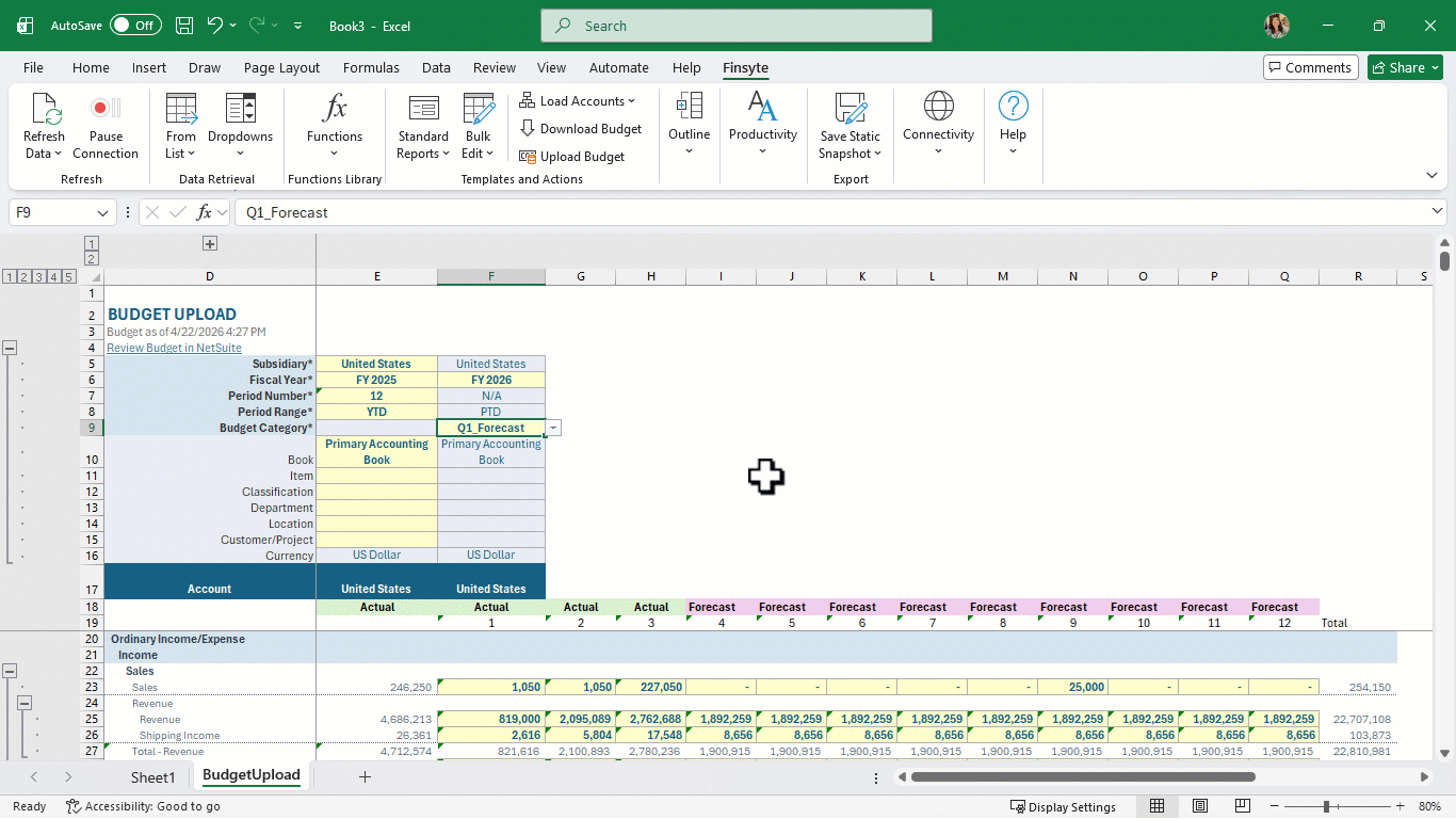 Finsyte Upload Budget action pushing the completed Q2 forecast back to NetSuite