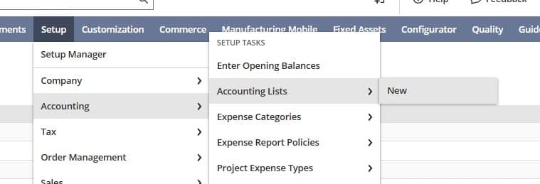 NetSuite Setup Accounting Accounting Lists screen showing the five budget categories