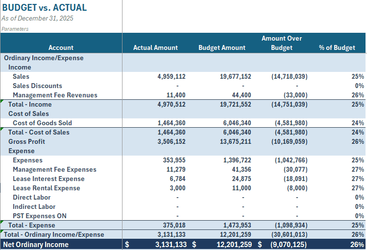 Budget vs. Actual report in Excel with NetSuite actuals, budget amounts, variance, and percent of budget for each account