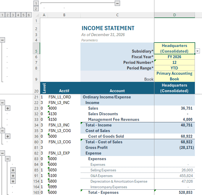 A Finsyte Income Statement template in Excel with Headquarters (Consolidated) selected as the Subsidiary parameter, FY 2026, period 12, YTD, and the loaded account list from Ordinary Income/Expense down to Total - Expenses
