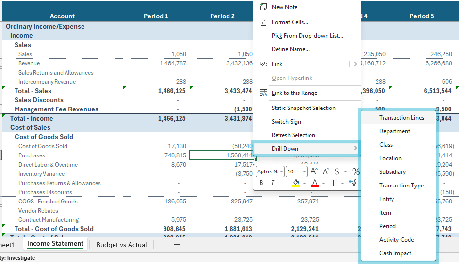 Finsyte drill-down menu in Excel showing options to break a NetSuite figure down by transaction lines, department, class, location, subsidiary, and more