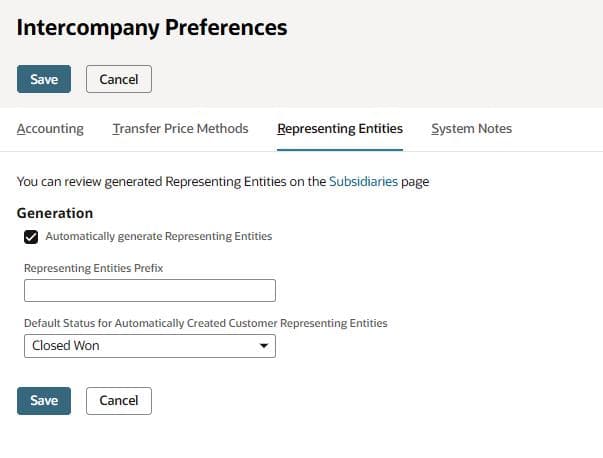 NetSuite Intercompany Preferences, Representing Entities tab, with Automatically generate Representing Entities checked