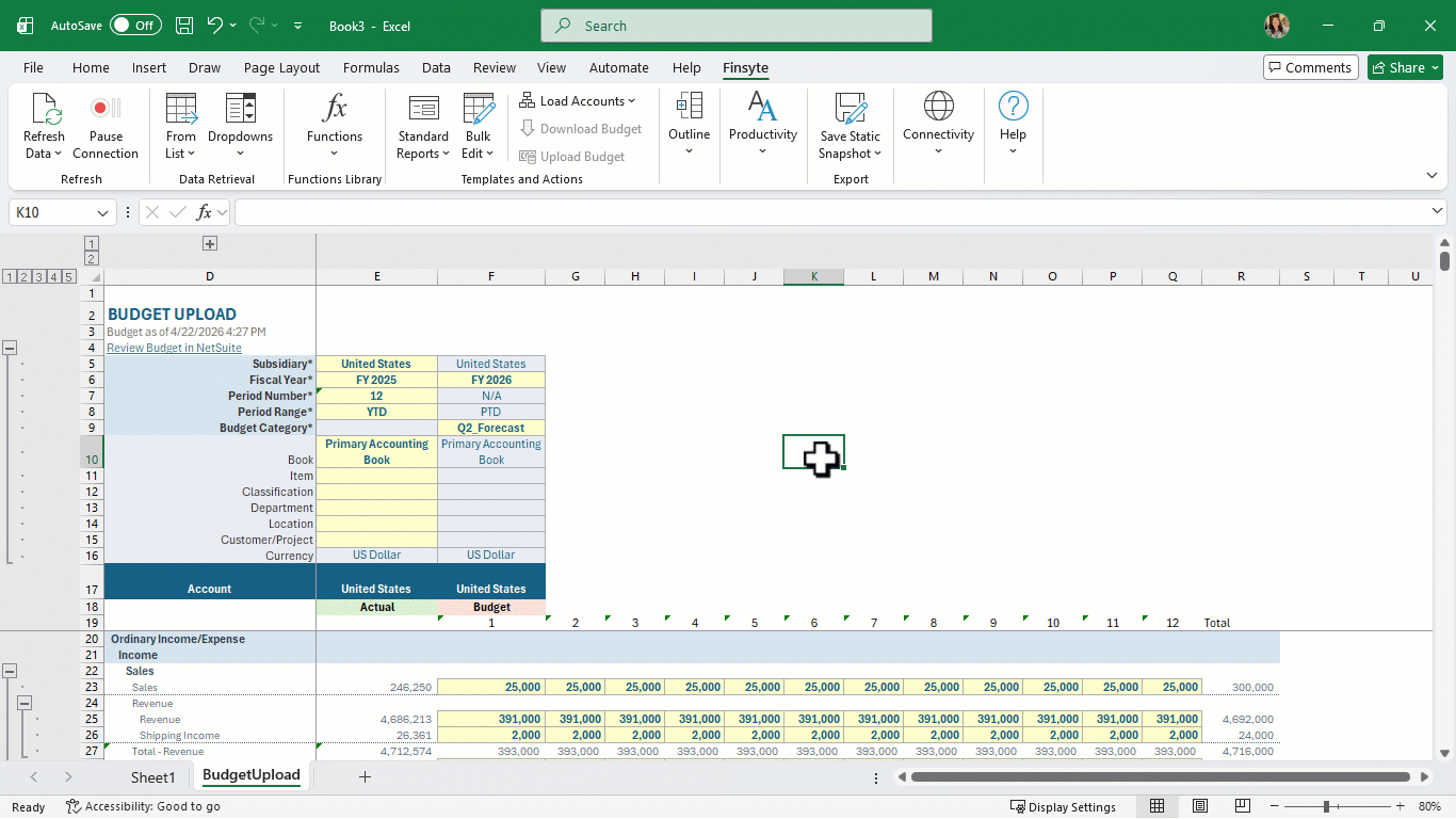 Excel workbook with columns U, V, and W configured as PTD actuals staging area for periods 1 through 3