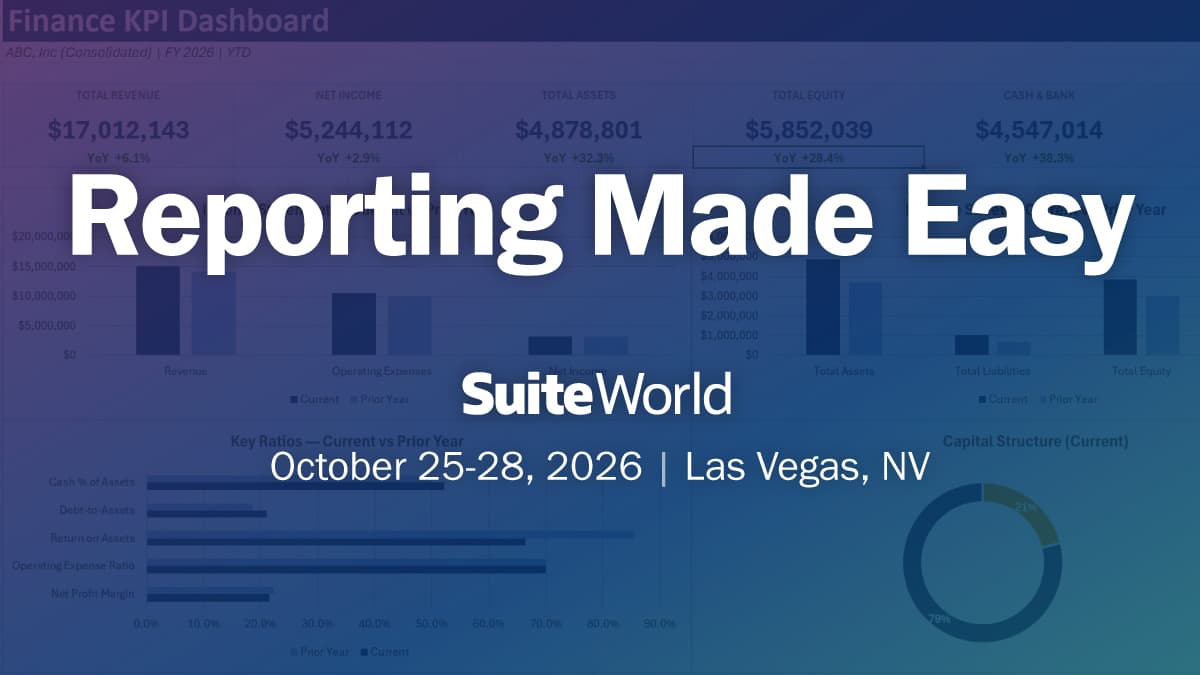 Reporting Made Easy — SuiteWorld, October 25-28, 2026, Las Vegas, NV — over a Finance KPI Dashboard built in Excel