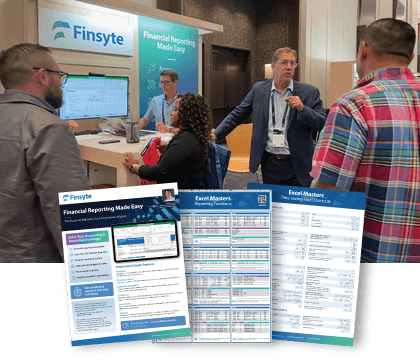 The Finsyte booth at SuiteWorld, with team members walking visitors through live reports, alongside the Financial Reporting Made Easy flyer and Excel Masters reporting functions and time-saving shortcut cheat sheets