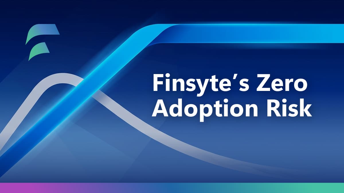 Finsyte's Zero Adoption Risk — banner with the Finsyte logo, a rising-then-plateauing blue line, and a rising-then-falling silver curve on a dark blue background