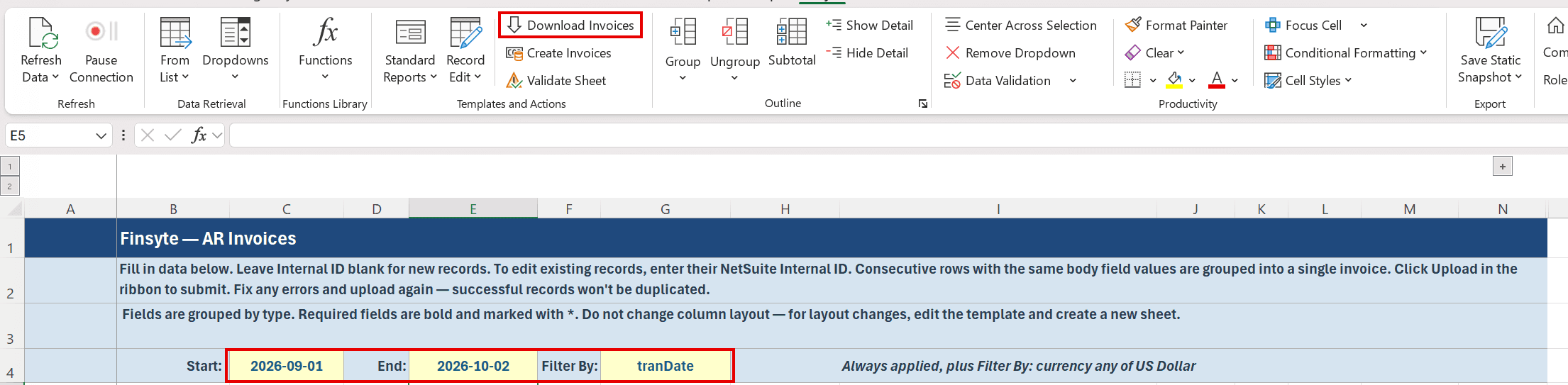Filter cells and the Download button