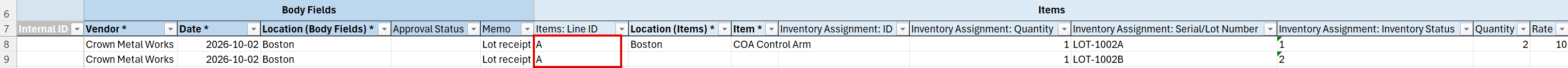 A new lot item line on two rows