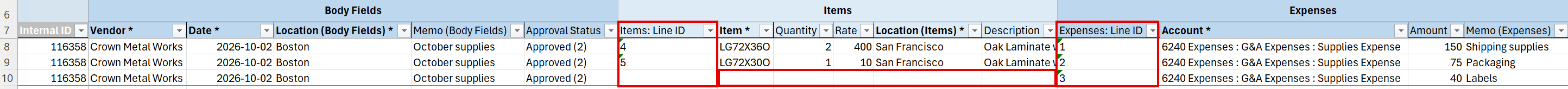 Line ID columns on a downloaded record