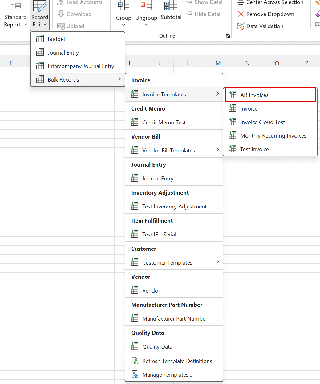 Choosing a template from the Bulk Records menu