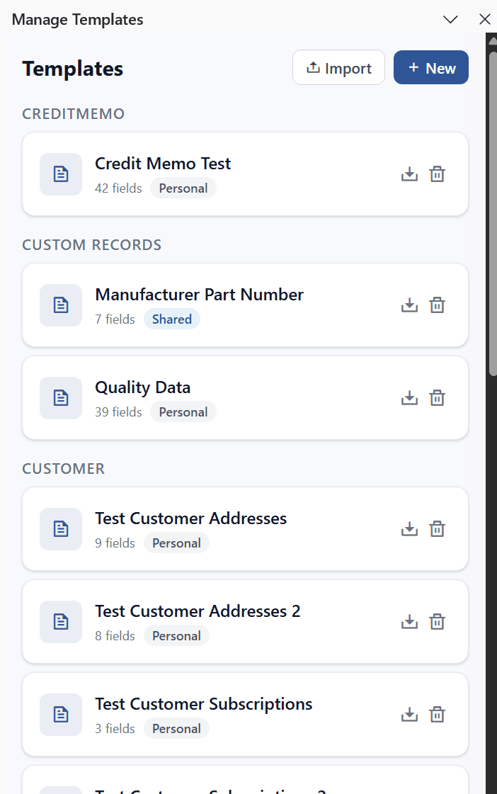 Manage Templates pane