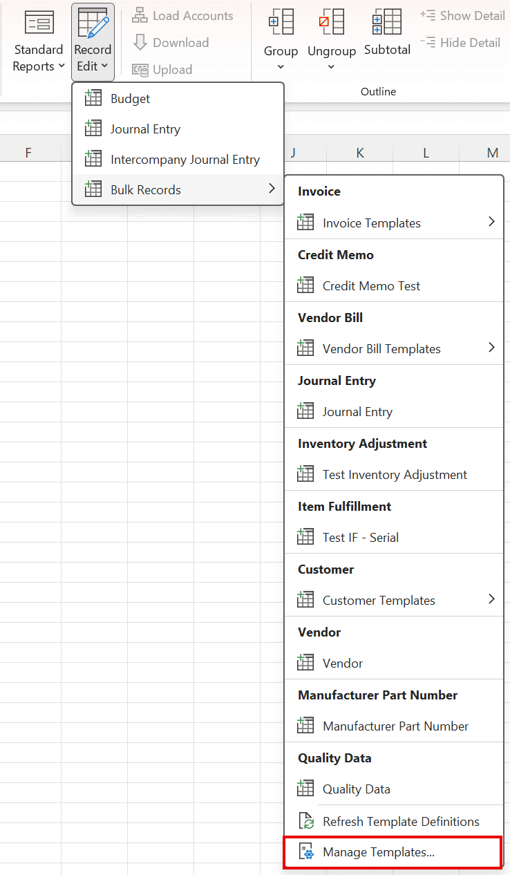 Manage Templates in the Bulk Records menu
