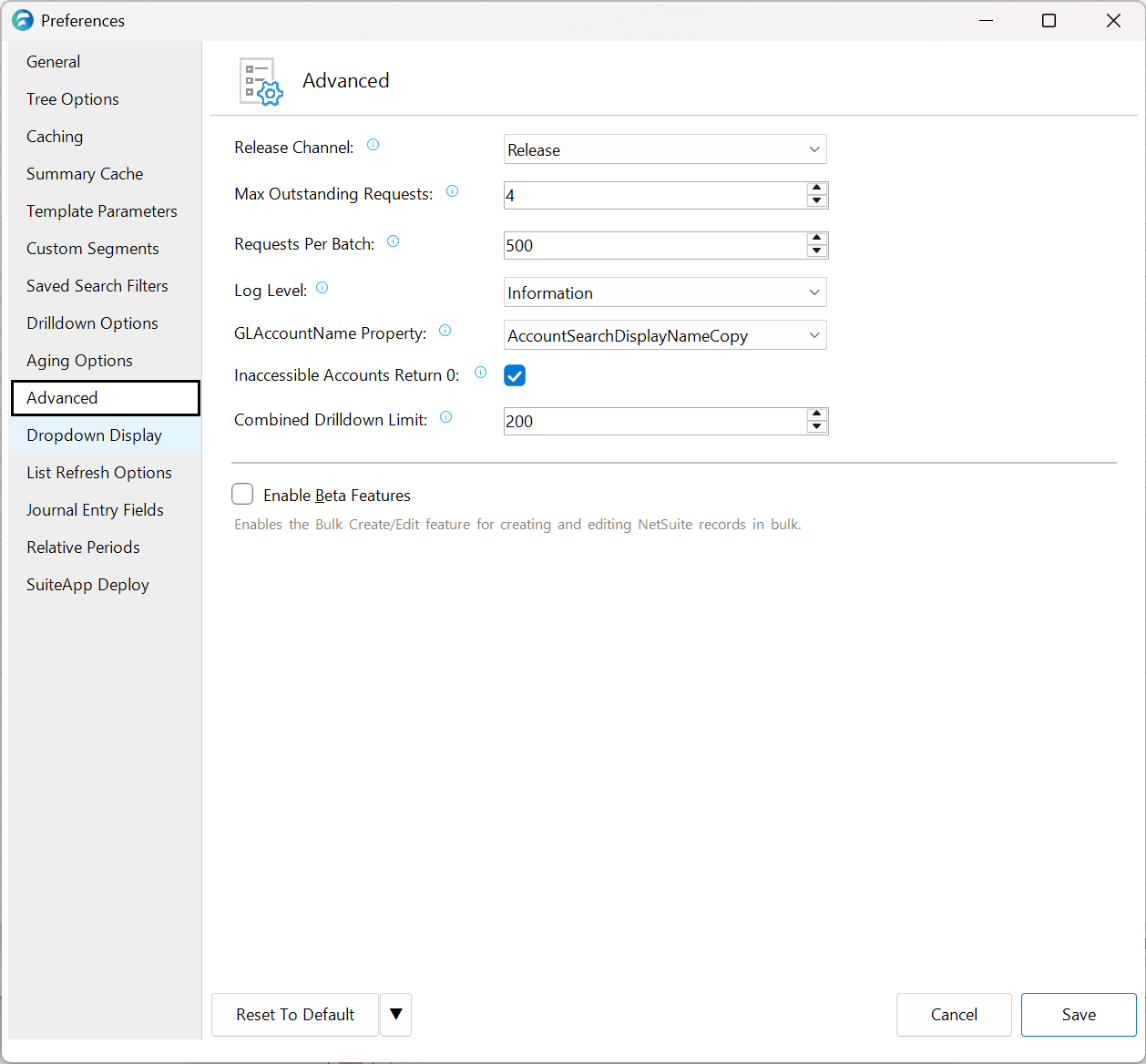 Advanced preferences pane