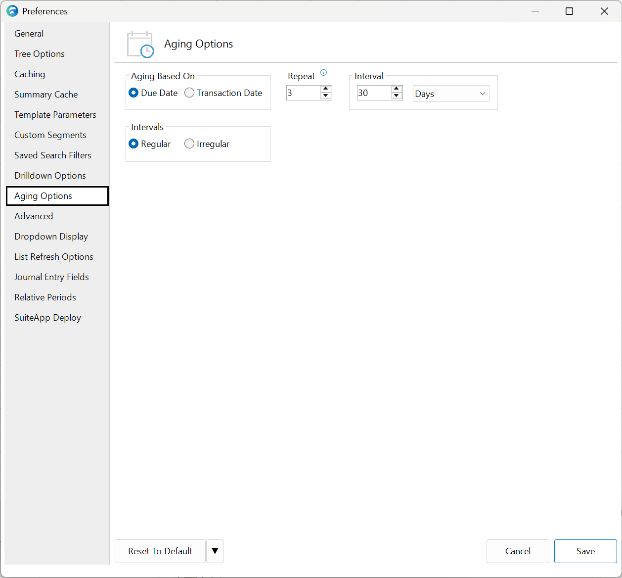 Aging Options preferences pane