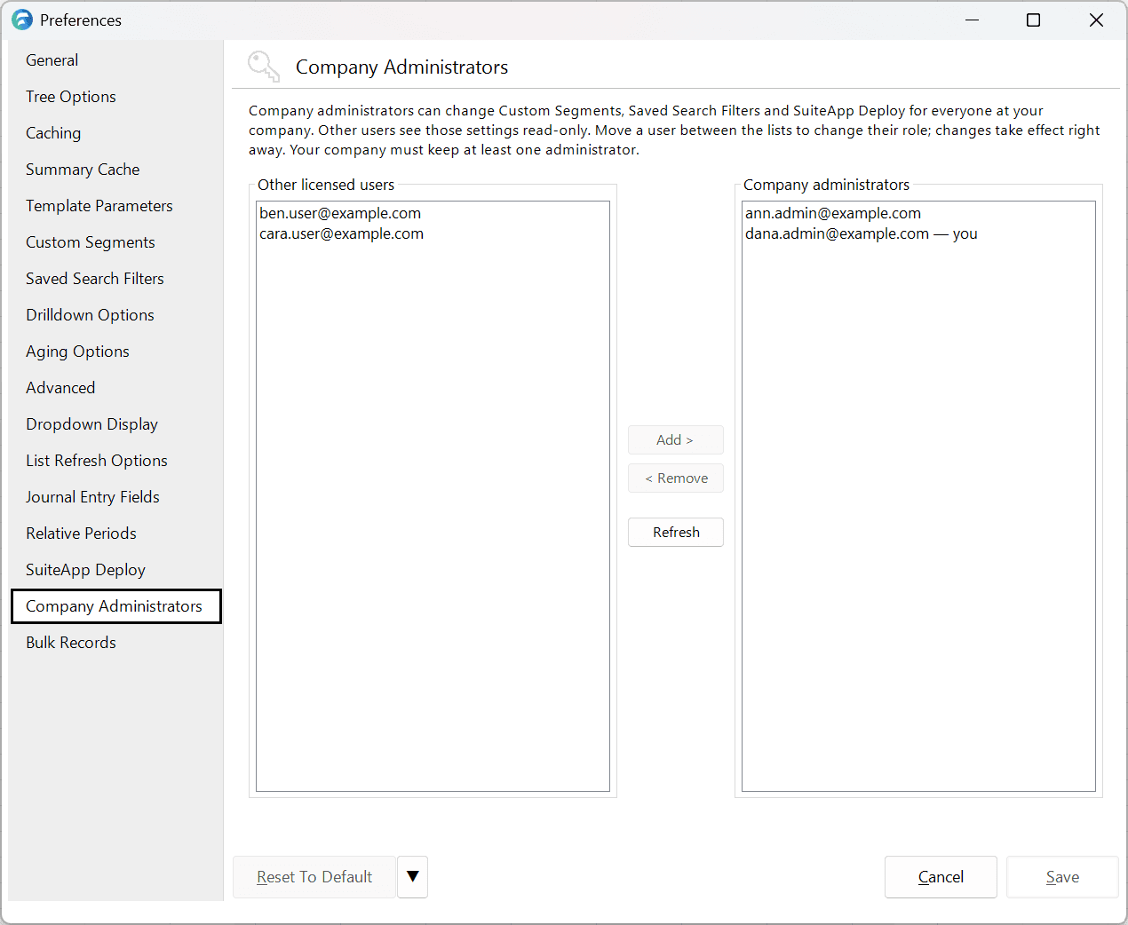 Company Administrators preferences pane