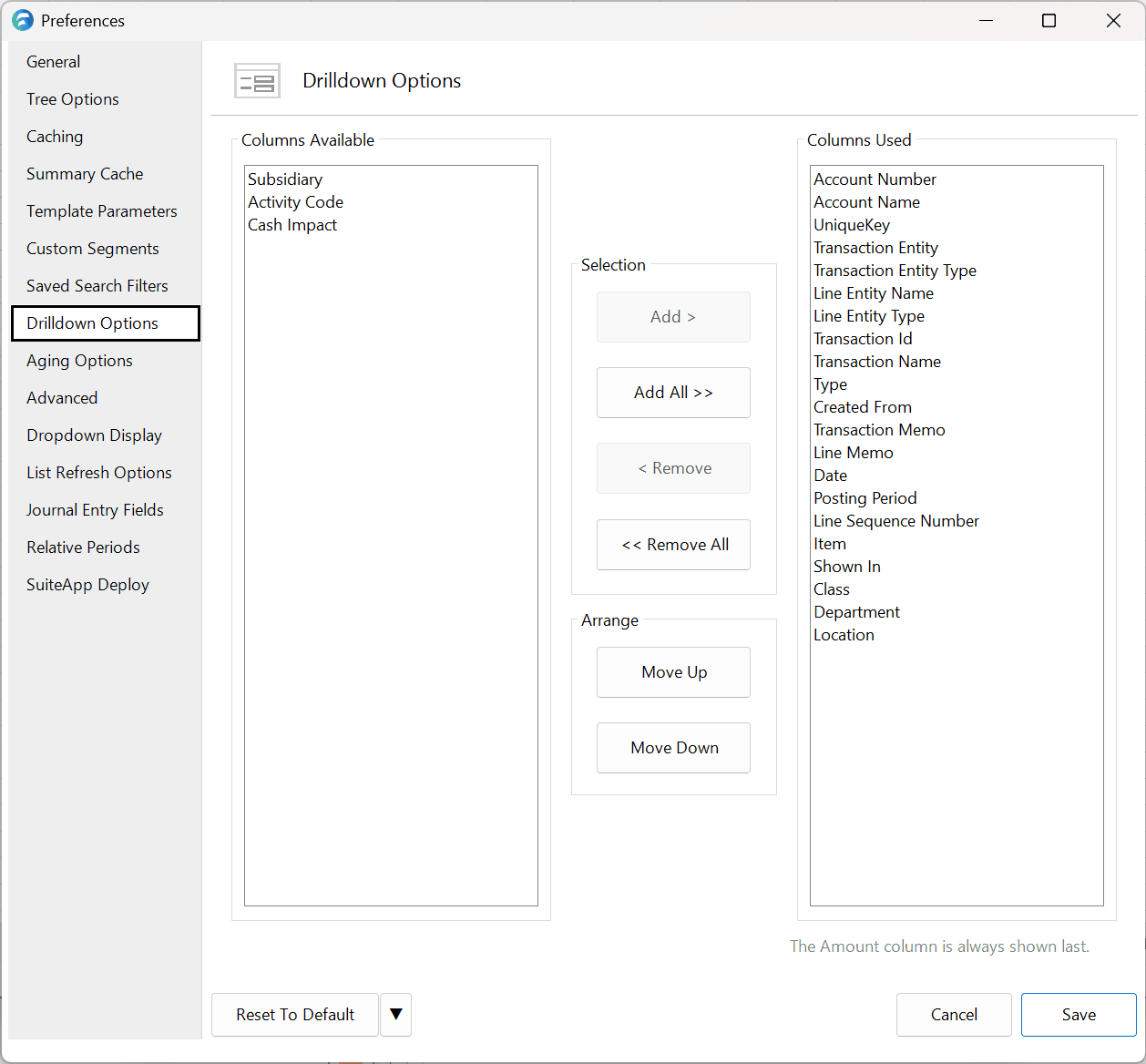 Drilldown Options preferences pane