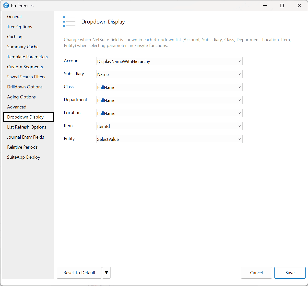 Dropdown Display preferences pane