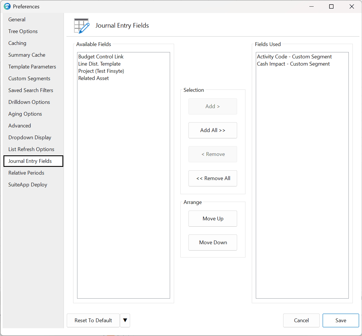 Journal Entry Fields preferences pane