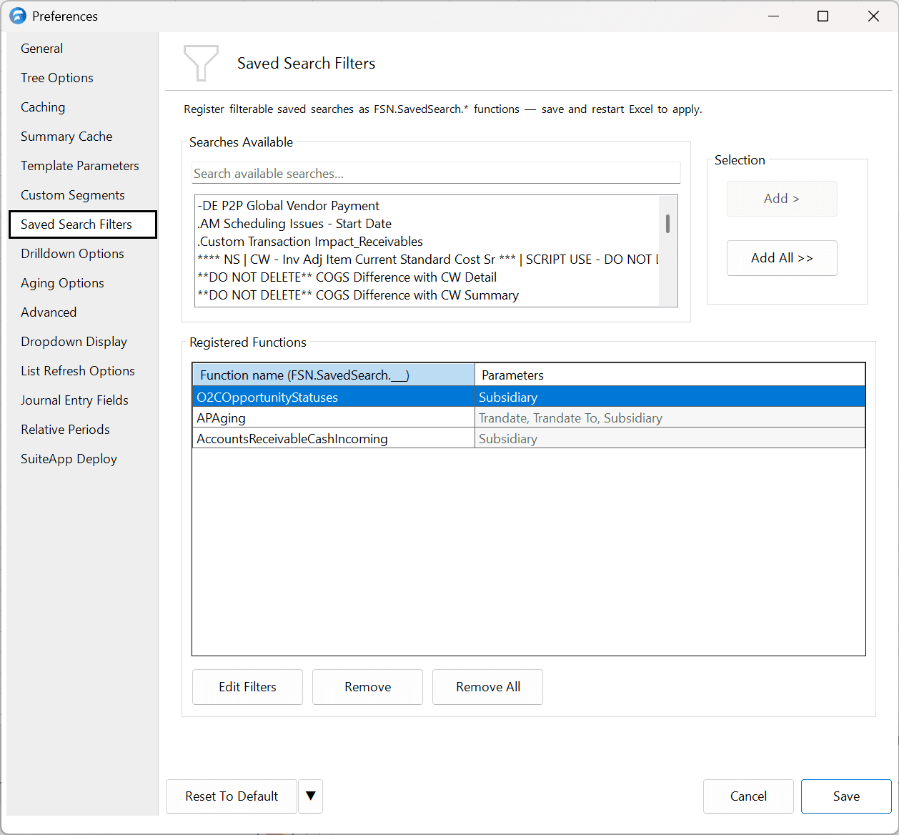 Saved Search Filters preferences pane