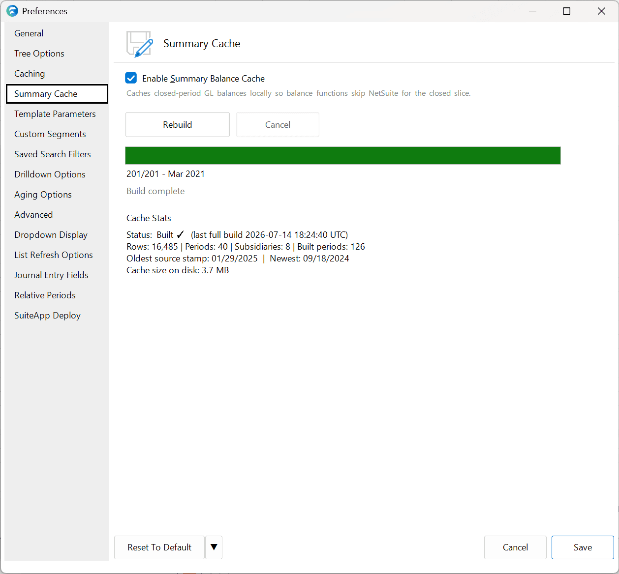 Summary Cache preferences pane