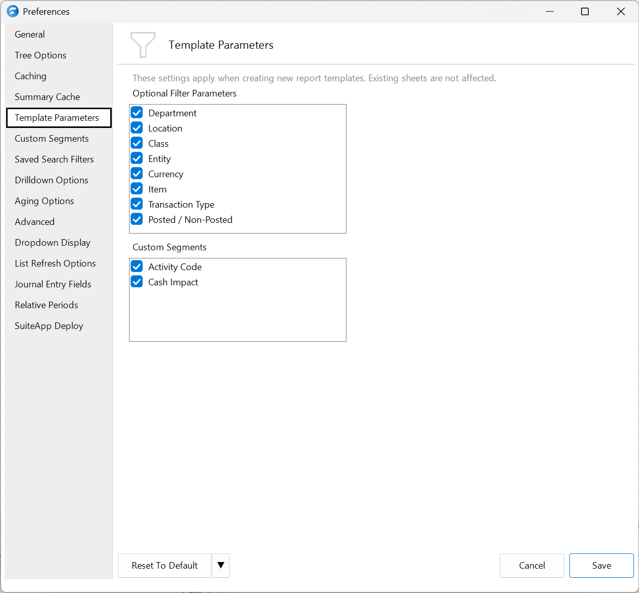 Template Parameters preferences pane