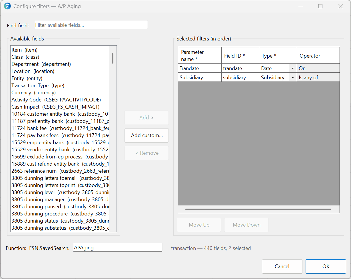 Configure filters dialog