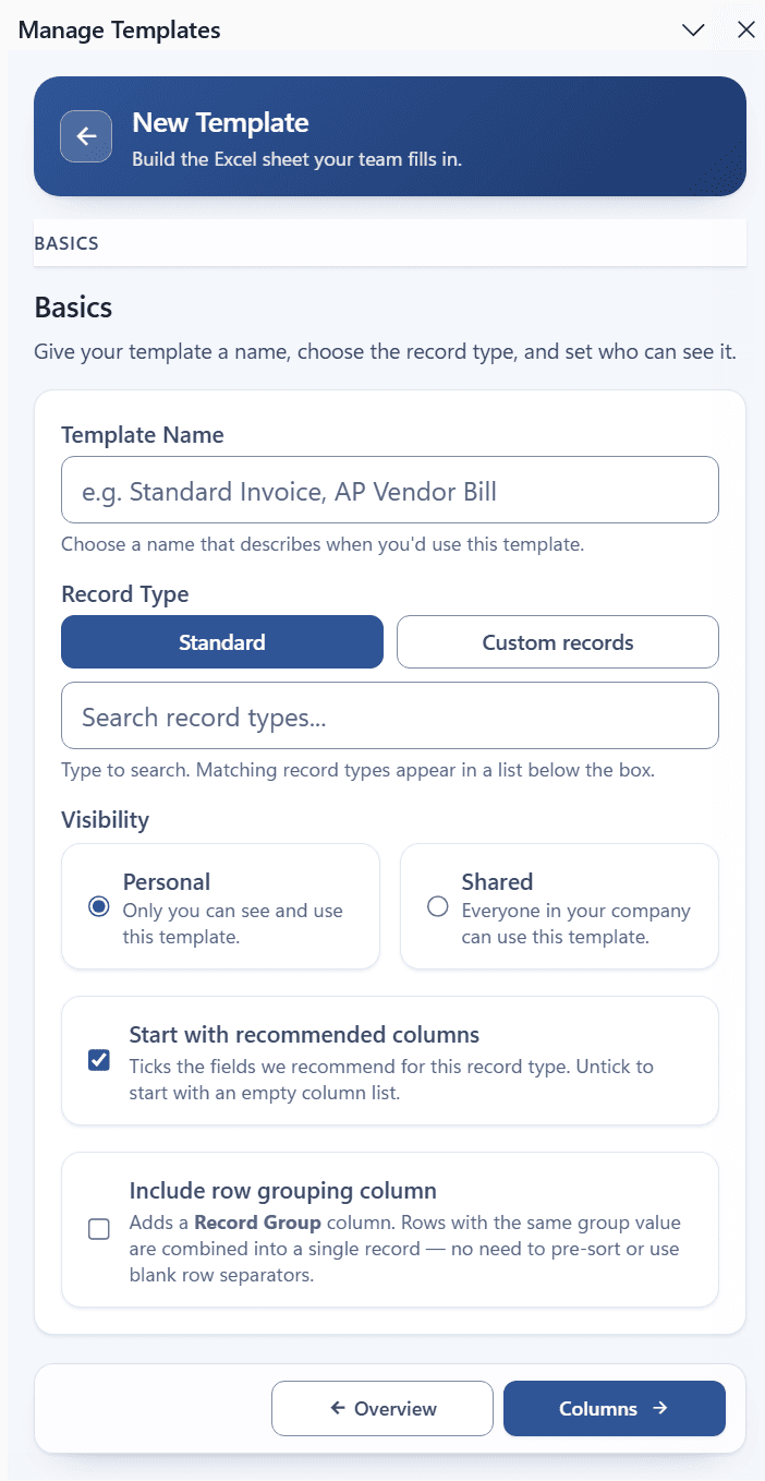 Basics area of the template editor