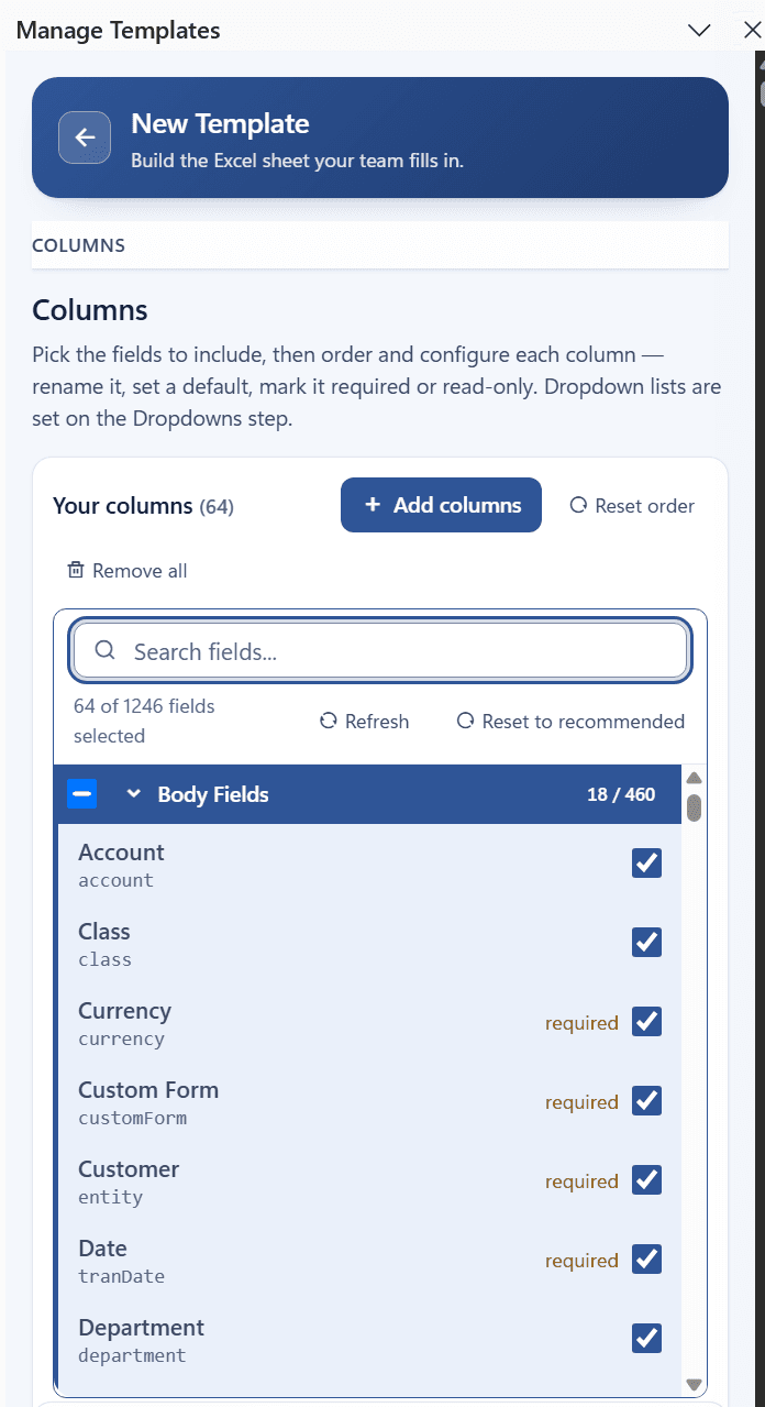 Add columns panel