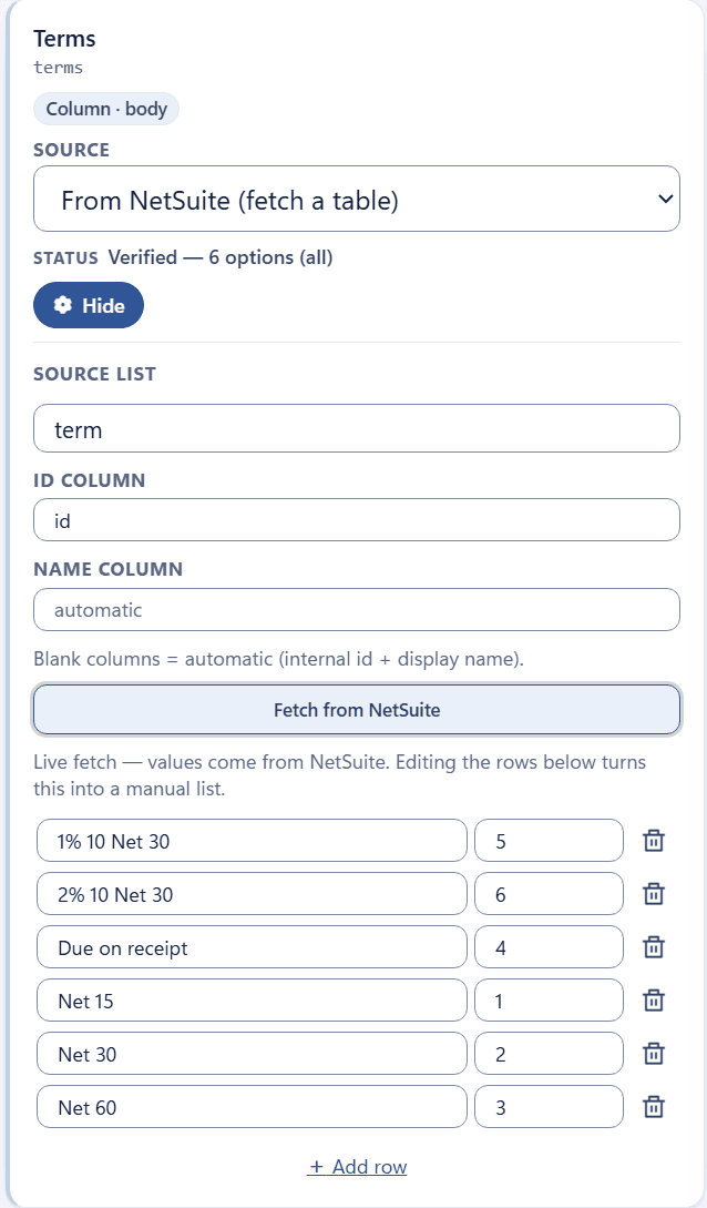 Configuring a From NetSuite dropdown source
