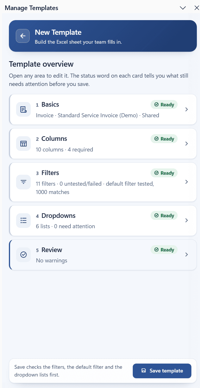 Template editor hub with every area ready