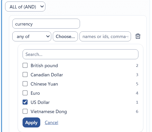 Choosing values for an any of condition