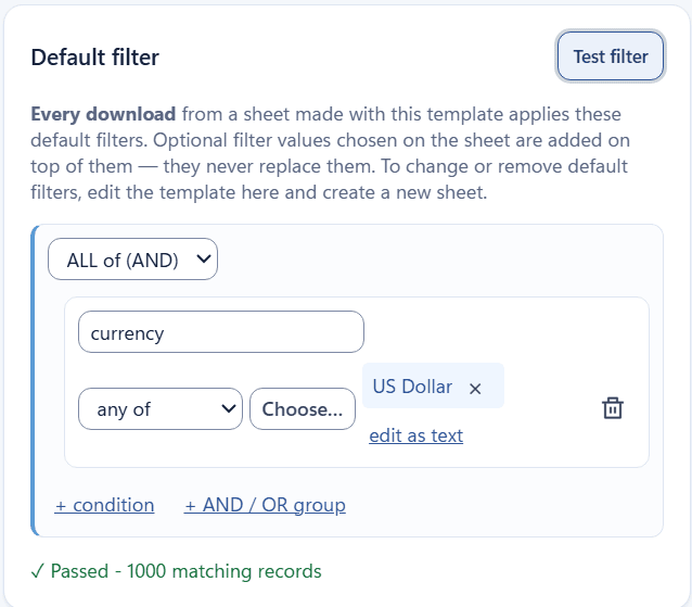 Default filter with a passed test