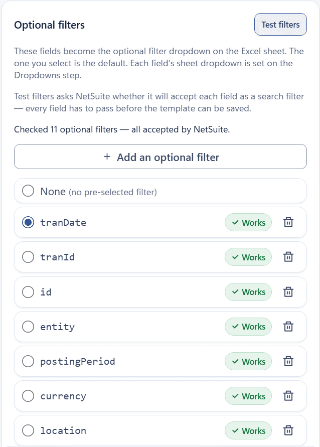 Optional filters with tested fields and tranDate preselected