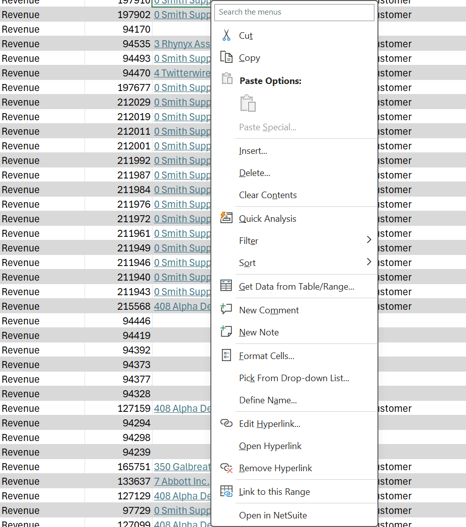 Right-click menu on a TransactionLineDrilldown row, with Open in NetSuite at the bottom