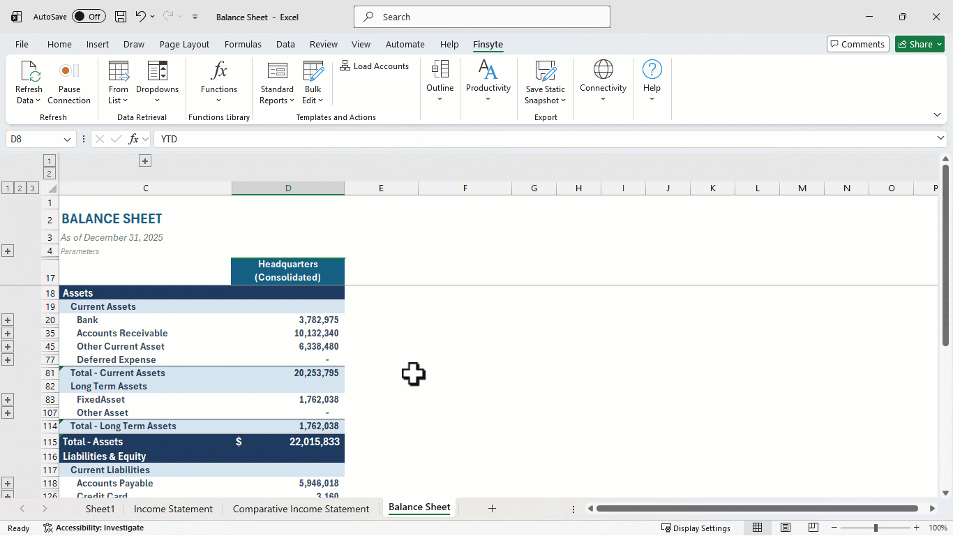 Finsyte balance sheet template in Excel showing current assets, long-term assets and total assets of $22,015,833 for Headquarters (Consolidated) as of December 31, 2025