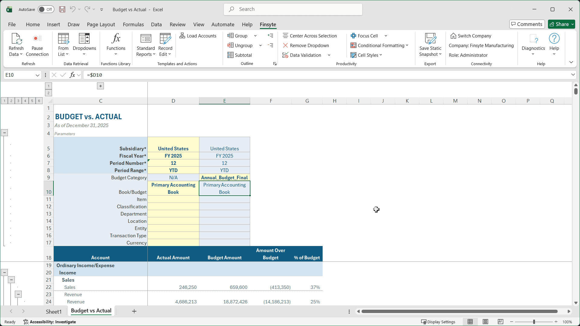 Finsyte budget vs actual template in Excel as of December 31, 2025, for United States against the Annual_Budget_Final budget: Sales of 246,250 actual against a 659,600 budget, (413,350) over budget and 37% of budget