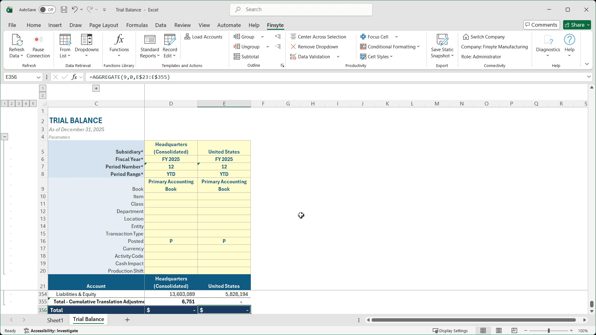 Finsyte trial balance template in Excel as of December 31, 2025, with columns for Headquarters (Consolidated) and United States: Liabilities & Equity of 13,603,089 and 5,828,194, and a Total row of zero in both