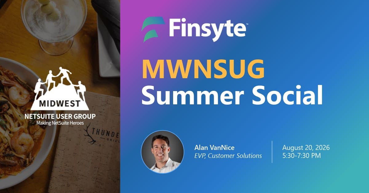 Finsyte at the MWNSUG Summer Social with Alan VanNice, EVP of Customer Solutions, on August 20, 2026 from 5:30 to 7:30 PM at Thunder Bay Grille