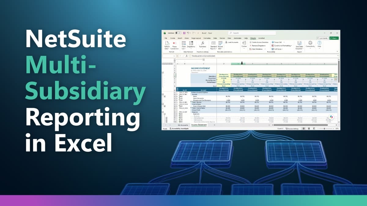 NetSuite Multi-Subsidiary Reporting in Excel, beside a Finsyte income statement with a column for each subsidiary, over a tree of connected spreadsheet grids