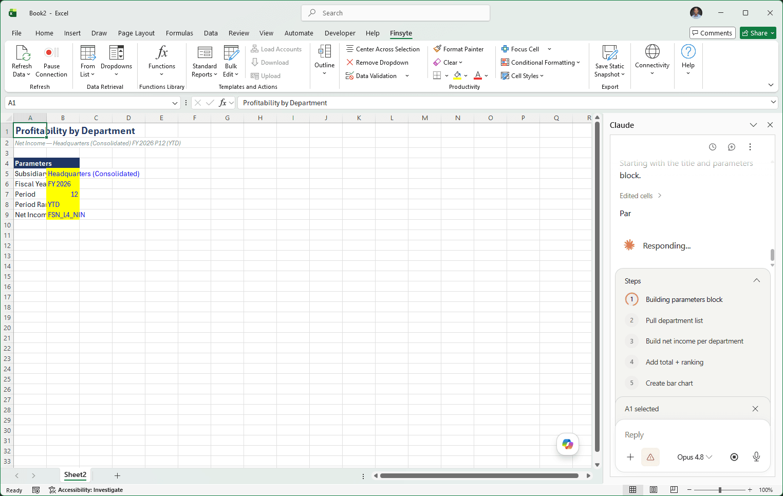 Claude in the Excel side panel building a Profitability by Department report with Finsyte. Claude's step plan reads: build the parameters block, pull the department list, build net income per department, add a total and ranking, and create a bar chart — alongside an Excel sheet with labeled parameter cells for subsidiary, fiscal year, period, period range, and a net income account filter.