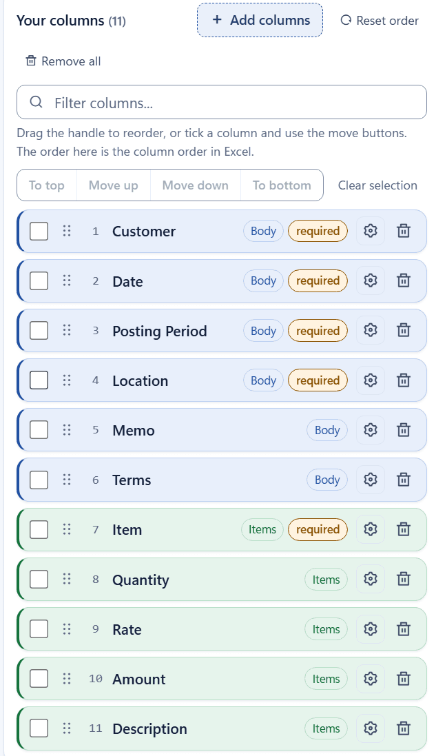 Columns for the AR Invoices template