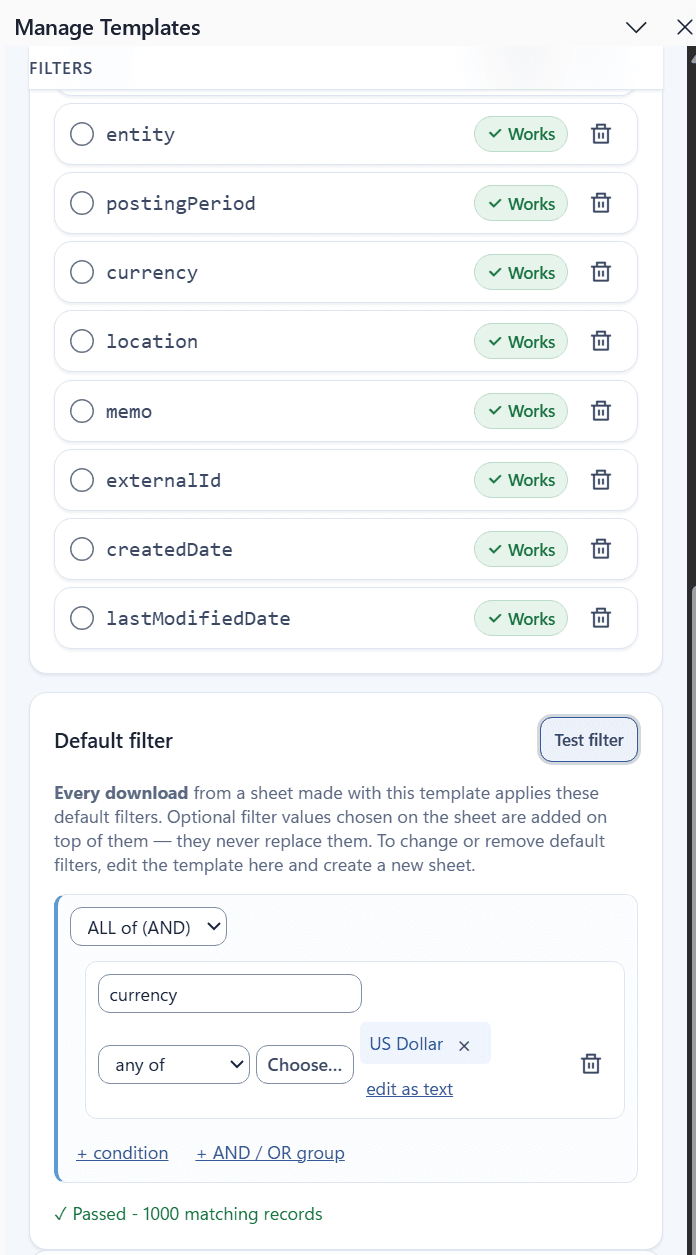 Filters for the AR Invoices template