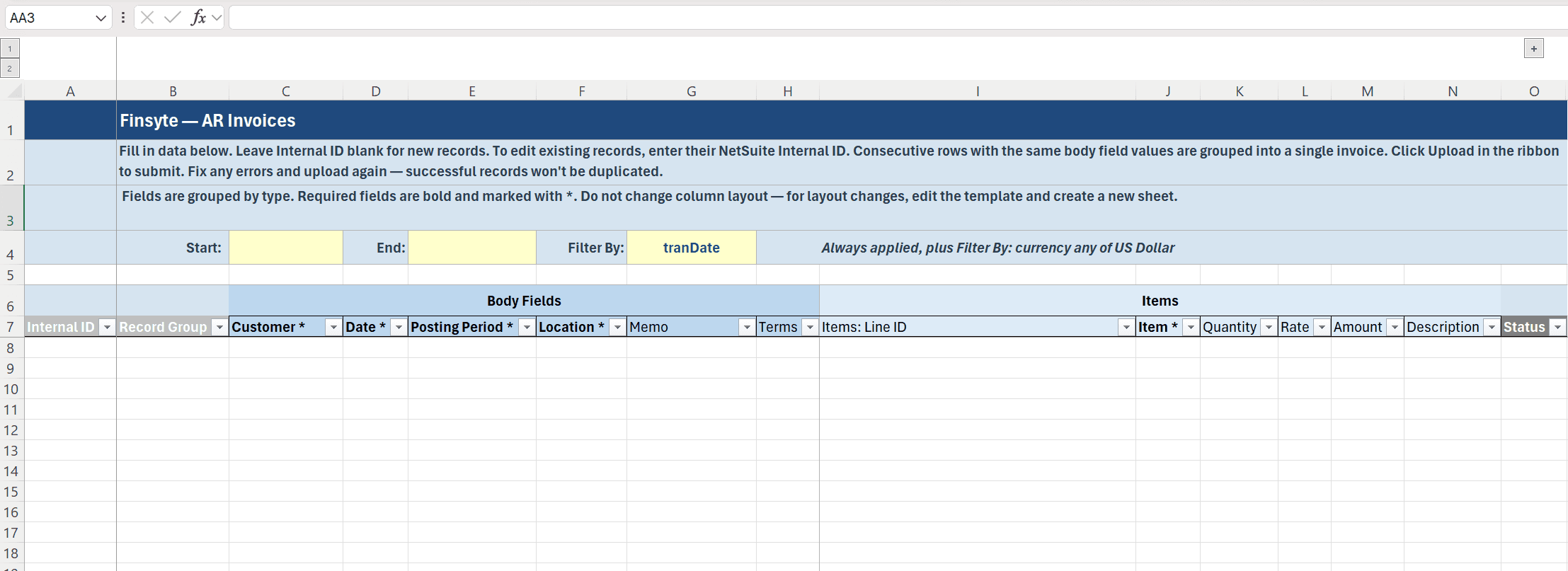 The new AR Invoices sheet