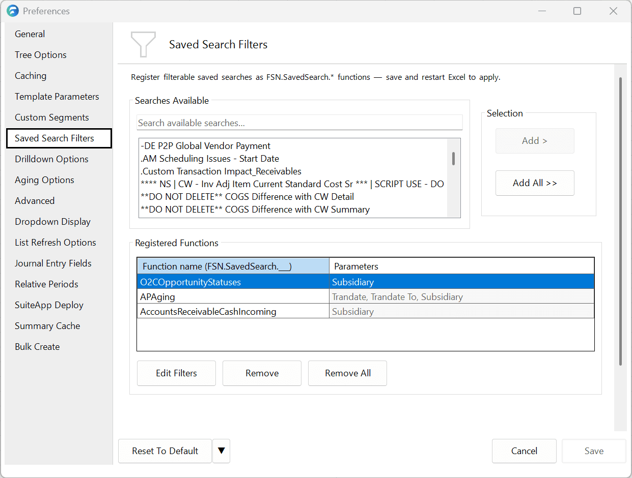 Saved Search Filters preferences pane