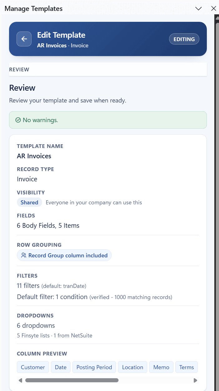 Review for the AR Invoices template