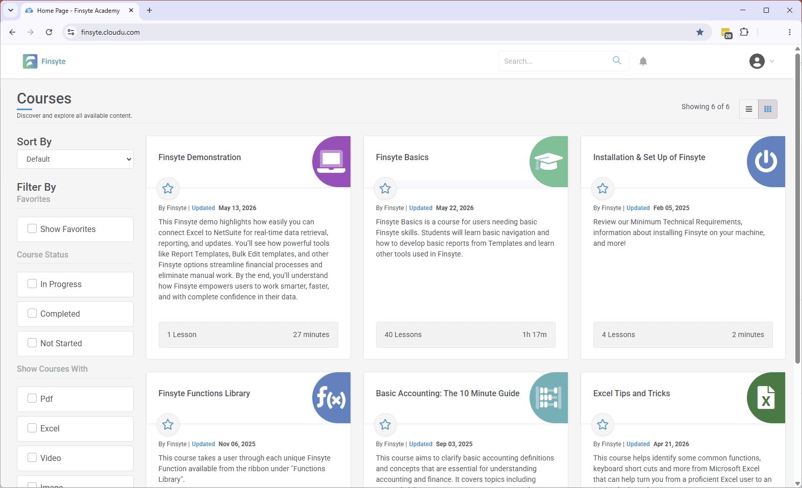 Finsyte Academy course catalog with lessons on Finsyte Basics, Installation & Set Up, the Finsyte Functions Library, Basic Accounting, and Excel Tips and Tricks