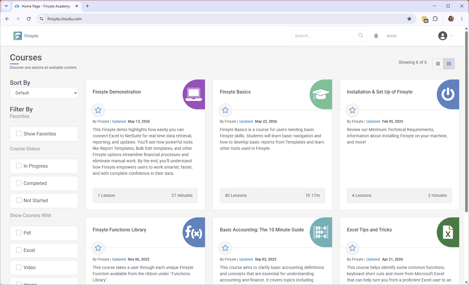 Finsyte Academy course catalog with lessons on Finsyte Basics, Installation & Set Up, the Finsyte Functions Library, Basic Accounting, and Excel Tips and Tricks